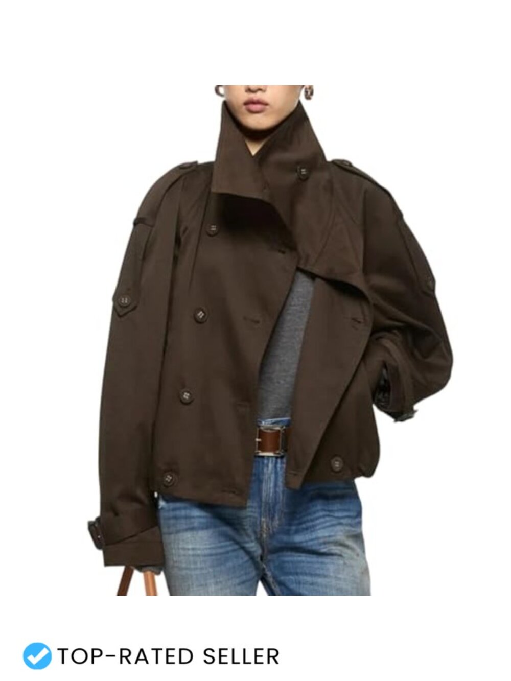 Womens Cropped Trench Coat Funnel Neck Double Breasted Pleated Hem with Pockets